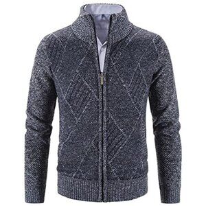 Mens Cardigan Sweater Full Zip Knit Fleece Lined Stand Collar Casual Pockets